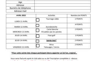 Fiche d'inscription Avril 2022